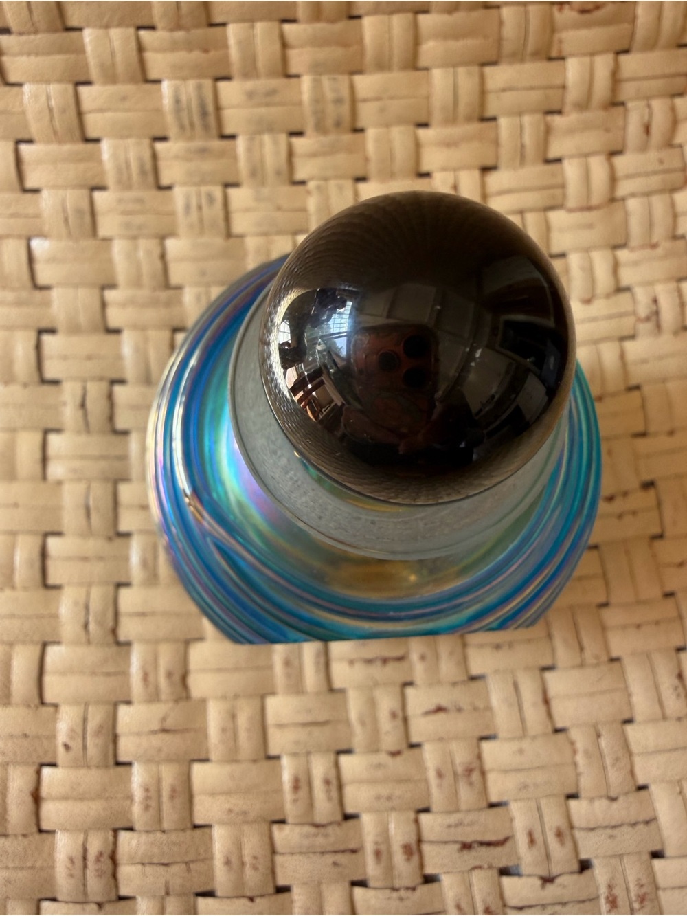 Blue Iridescent Vintage Art Glass Perfume Glass Decorative Bottle Black Stopper - Picture 4 of 7